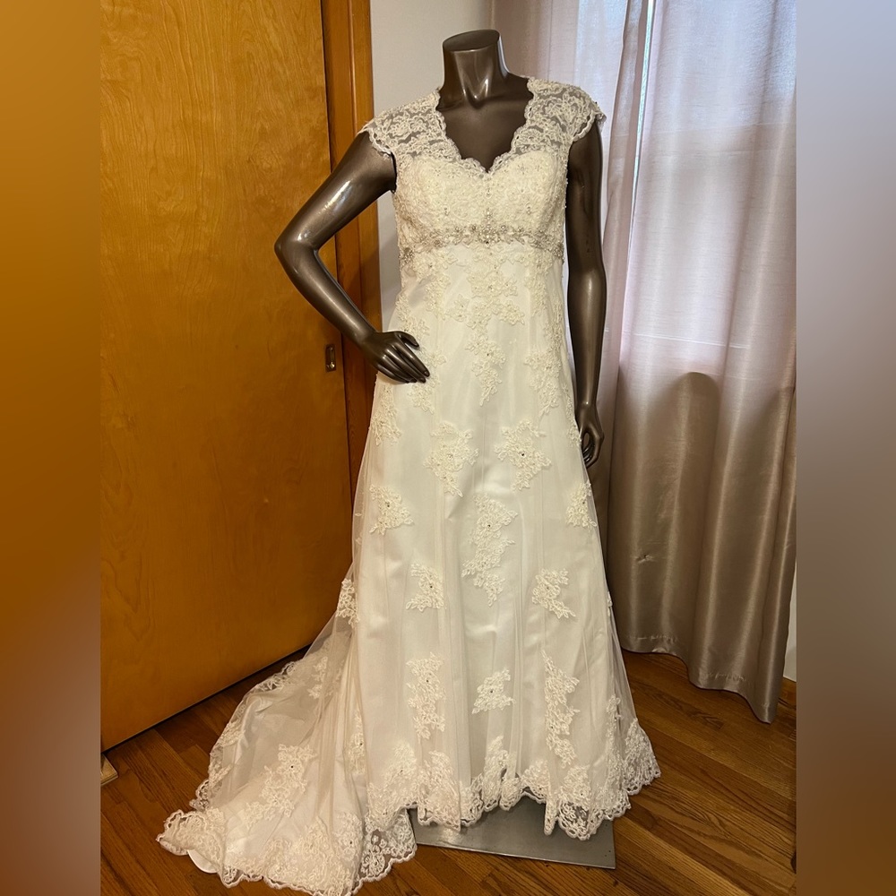 Ivory all over lace Aline gown. David’s Bridal style T3299.